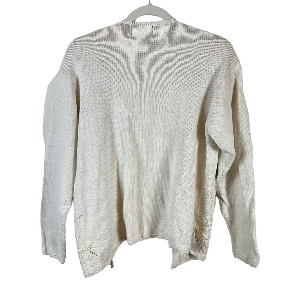 Vintage 90s Floral Embroidered Cardigan Sweater Medium White Boho Cottage Granny - Picture 3 of 12